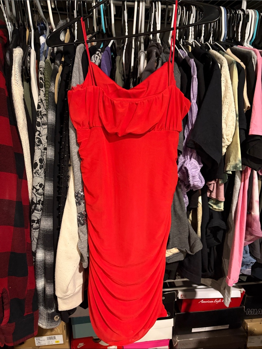 Red Ruched Spaghetti-Strap Dress - Picture 4 of 5